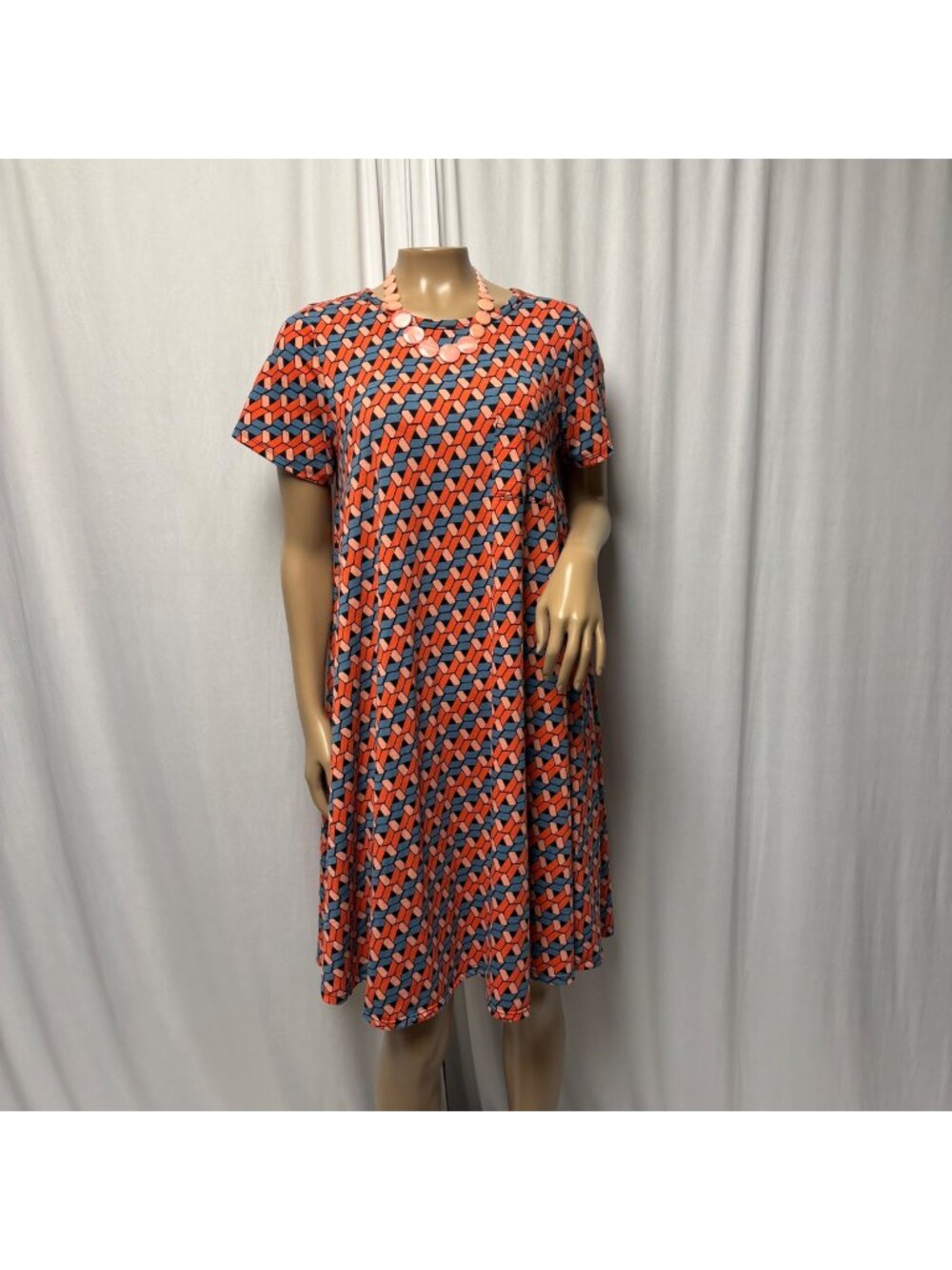 LuLaRoe Carly Swing Dress Size XS Geometric Orange Blue High Low Stretch Comfy
